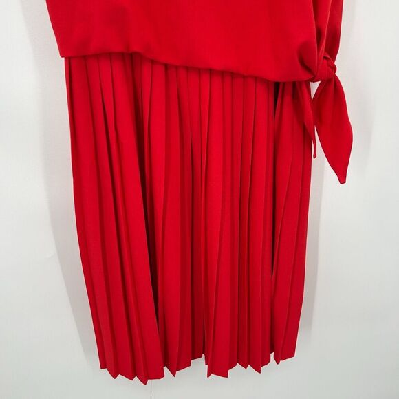 MARELLA Red Sleeveless Blouson Pleated Side Tie Button Back Midi Dress Size 8 - Picture 6 of 9